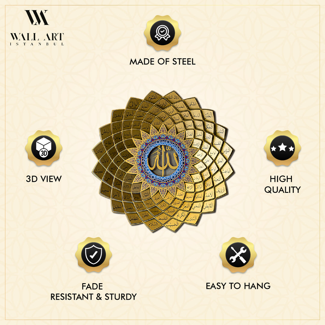 3D Metal 99 Names of Allah Islamic Wall Art (Asmaul Husna) - WAM173