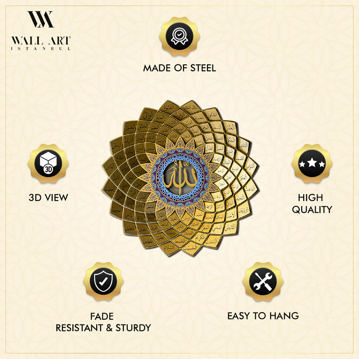 3D Metal 99 Names of Allah Islamic Wall Art (Asmaul Husna) - WAM173