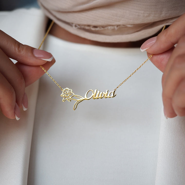 Custom Name & Birth Flower Silver Necklace - WAMT032
