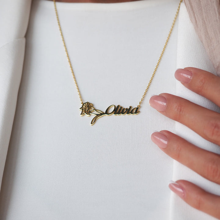 Custom Name & Birth Flower Silver Necklace - WAMT032