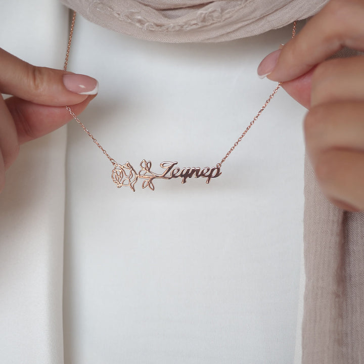 Custom Name & Birth Flower Silver Necklace - WAMT032