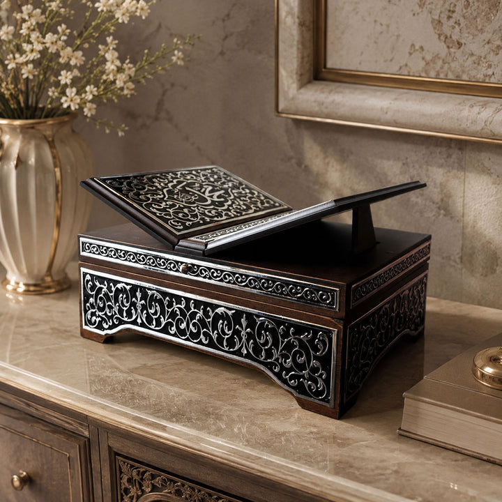 Premium Wooden Quran Stand and Quran with Silver Engravings - WAP021