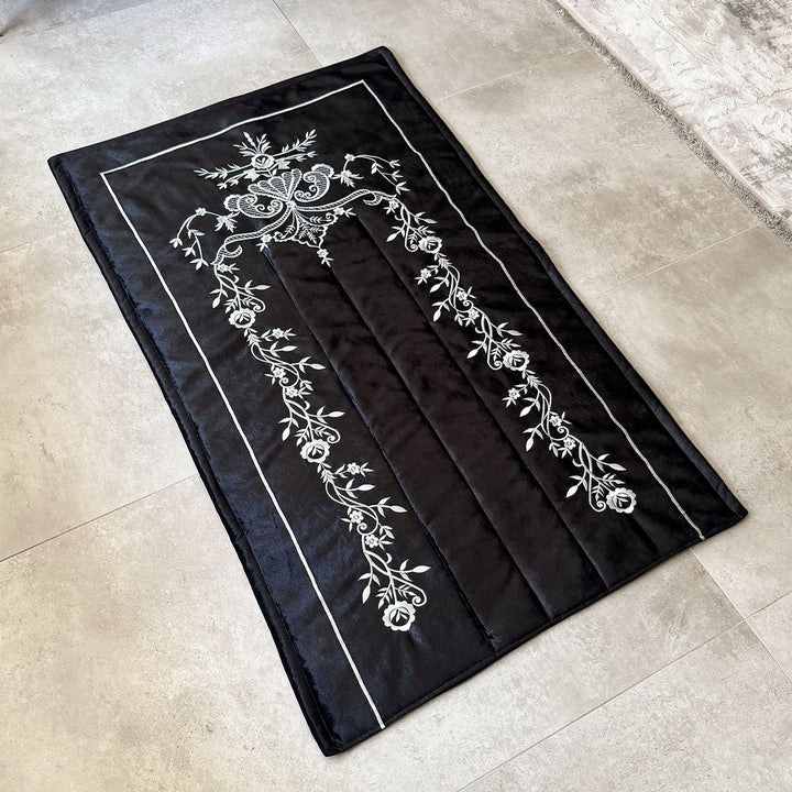 Black Velvet Islamic Prayer Rug with Silver Embroidery – WAS015