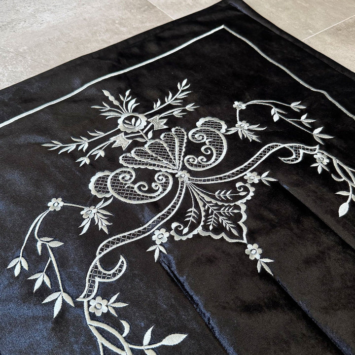 Black Velvet Islamic Prayer Rug with Silver Embroidery – WAS015