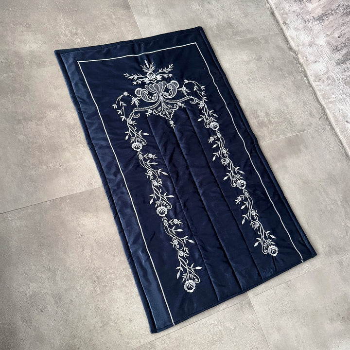 Navy Velvet Islamic Prayer Rug with Silver Embroidery – WAS020