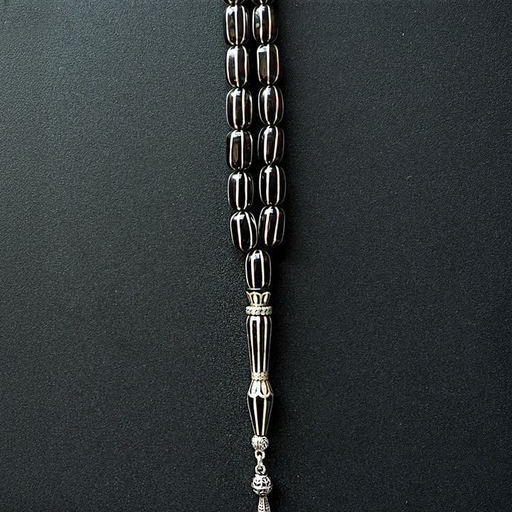 Genuine Oltu Stone 8-Cut Design with Sterling Silver Hand-Engraved Imam Bead & Special Tassel - WATD028
