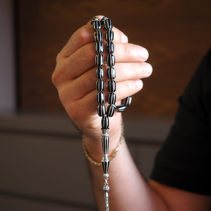 Genuine Oltu Stone 8-Cut Design with Sterling Silver Hand-Engraved Imam Bead & Special Tassel - WATD028