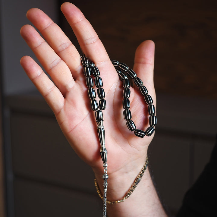 Genuine Oltu Stone 8-Cut Design with Sterling Silver Hand-Engraved Imam Bead & Special Tassel - WATD028