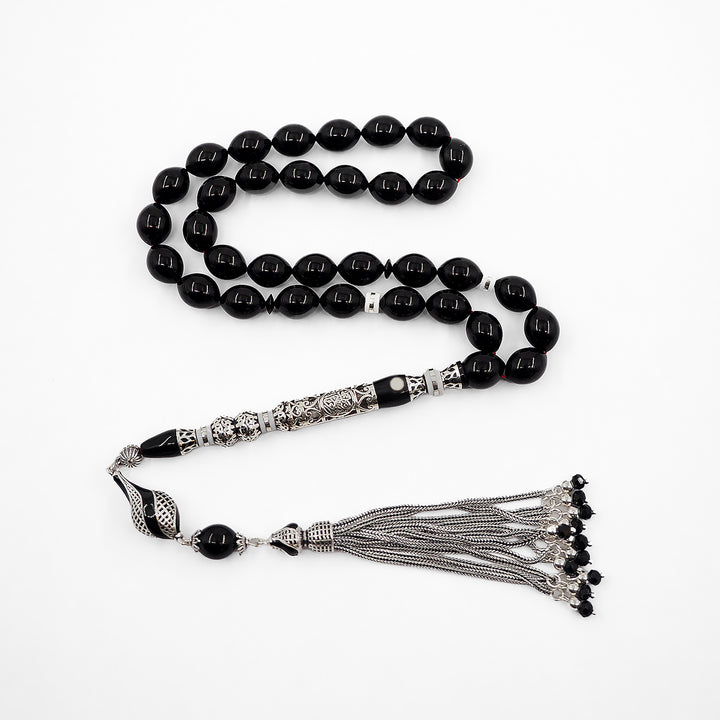 Original Erzurum Oltu Stone Jawshan Prayer Inscribed Mastercrafted Hand-Engraved Silver Imame Bead Tasbeeh – WATD323