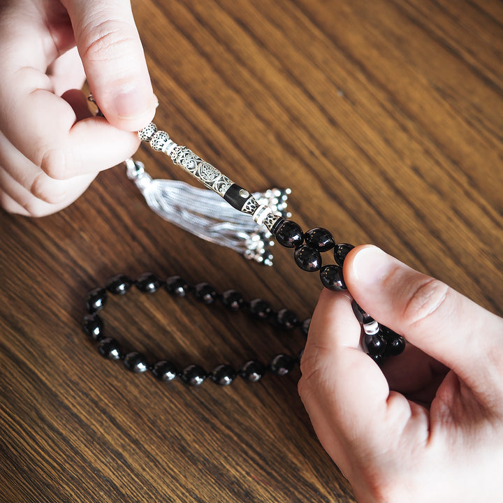 Original Erzurum Oltu Stone Jawshan Prayer Inscribed Mastercrafted Hand-Engraved Silver Imame Bead Tasbeeh – WATD323