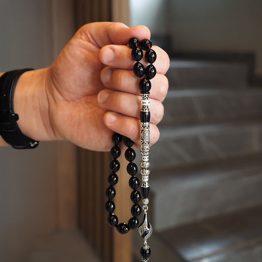 Original Erzurum Oltu Stone Jawshan Prayer Inscribed Mastercrafted Hand-Engraved Silver Imame Bead Tasbeeh – WATD323