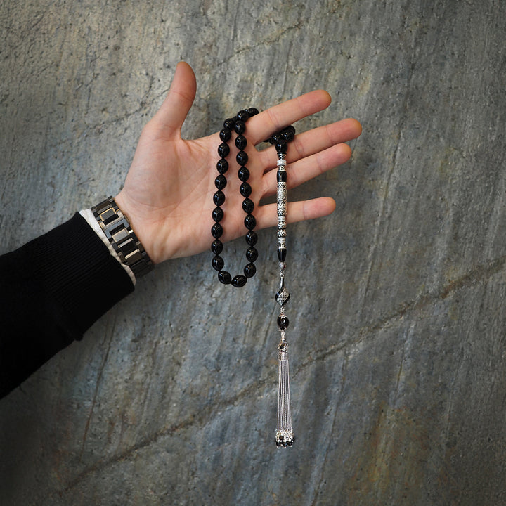 Original Erzurum Oltu Stone Jawshan Prayer Inscribed Mastercrafted Hand-Engraved Silver Imame Bead Tasbeeh – WATD323