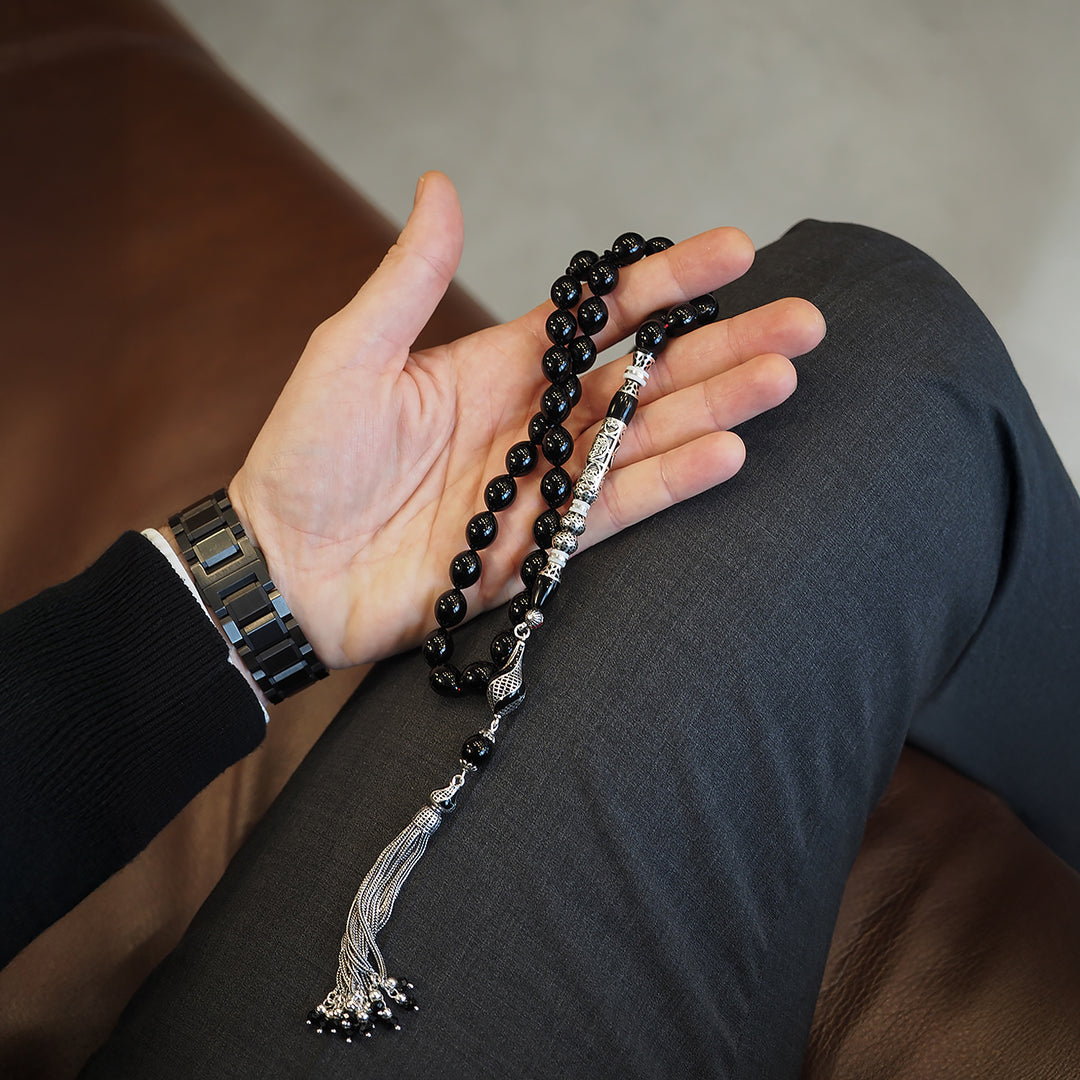 Original Erzurum Oltu Stone Jawshan Prayer Inscribed Mastercrafted Hand-Engraved Silver Imame Bead Tasbeeh – WATD323