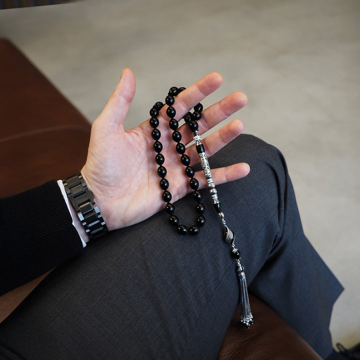 Original Erzurum Oltu Stone Jawshan Prayer Inscribed Mastercrafted Hand-Engraved Silver Imame Bead Tasbeeh – WATD323