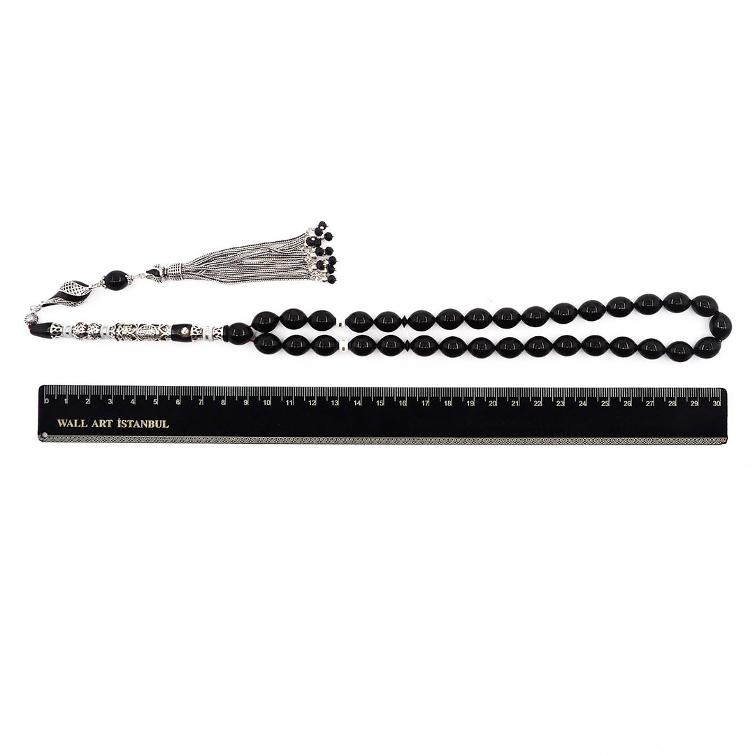 Original Erzurum Oltu Stone Jawshan Prayer Inscribed Mastercrafted Hand-Engraved Silver Imame Bead Tasbeeh – WATD323