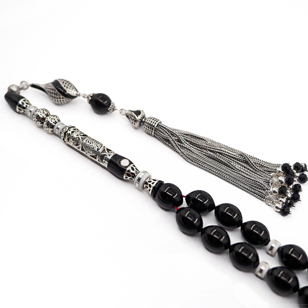 Original Erzurum Oltu Stone Jawshan Prayer Inscribed Mastercrafted Hand-Engraved Silver Imame Bead Tasbeeh – WATD323