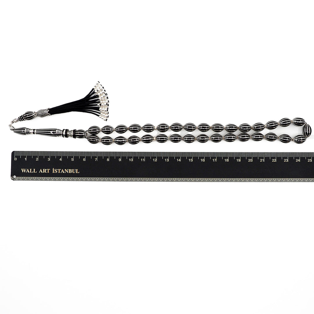 Master-Crafted Genuine Oltu Stone Tasbeeh with Oval Cut and Silver Inlay – WATD363