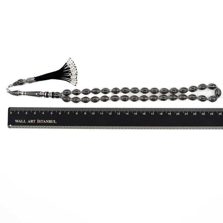 Master-Crafted Genuine Oltu Stone Tasbeeh with Oval Cut and Silver Inlay – WATD363