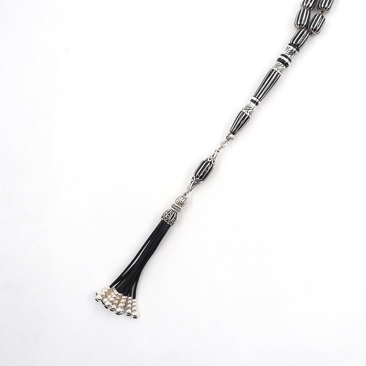 Handcrafted Genuine Oltu Stone Tasbeeh with 12 Silver Inlays – WATD398