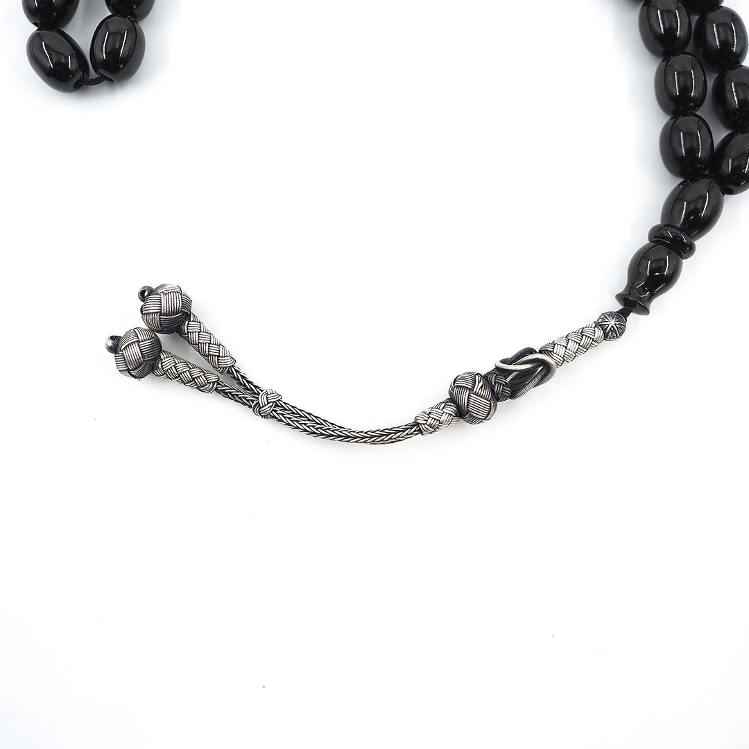 Premium Plain Oltu Stone Tasbeeh Featuring an Antique-Style Silver Kazaz Tassel – WATD401