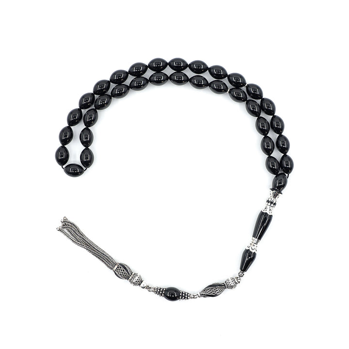 Premium Oltu Stone Tasbeeh Featuring Oval Cut Beads &amp; Silver-Engraved Tassel – WATD402