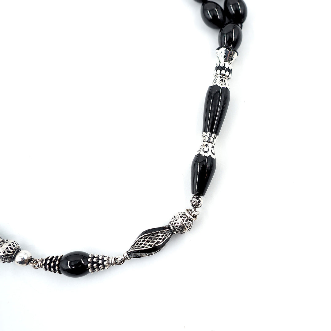 Premium Oltu Stone Tasbeeh Featuring Oval Cut Beads &amp; Silver-Engraved Tassel – WATD402