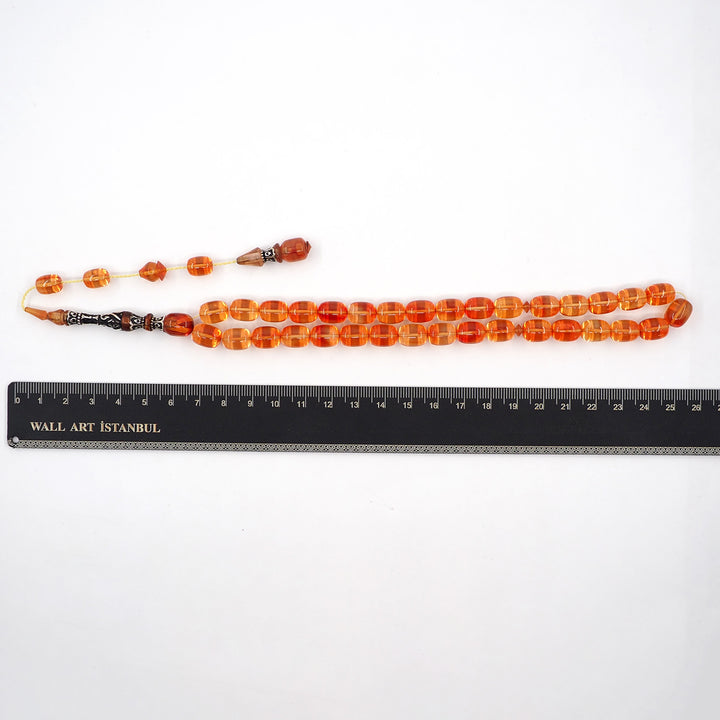 Handcrafted Fire Amber Tasbeeh (New Material) with Silver Engraved Nakkash Imam Bead – WATD403