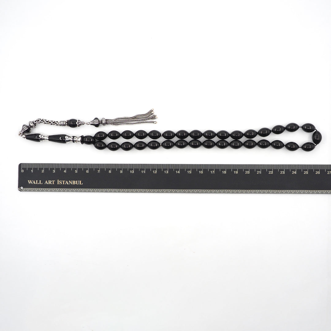Premium Oltu Stone Tasbeeh Featuring Oval Cut Beads &amp; Silver-Engraved Tassel – WATD407
