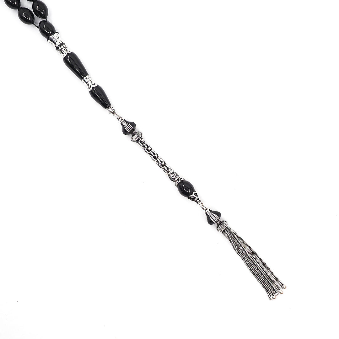 Premium Oltu Stone Tasbeeh Featuring Oval Cut Beads &amp; Silver-Engraved Tassel – WATD407