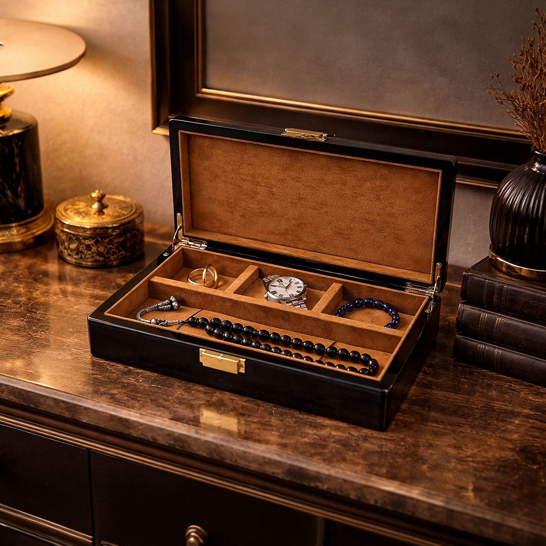 Magnificence Series Burgundy Pattern Wooden Tasbeeh & Accessories Box - WATD436