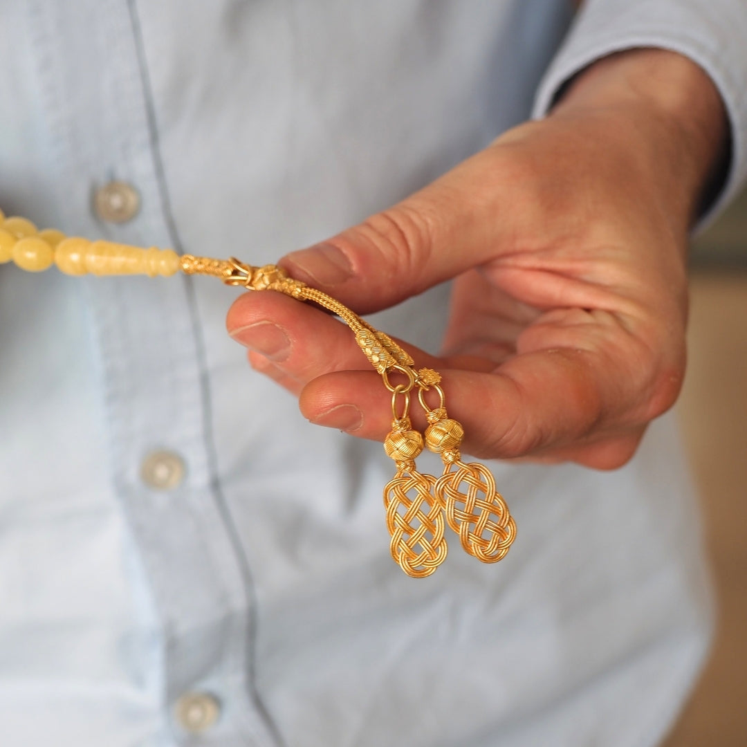 Premium Natural Baltic Amber Capsule Cut 1000 Sterling Silver Kazaz Tassel Tasbeeh - WATD459