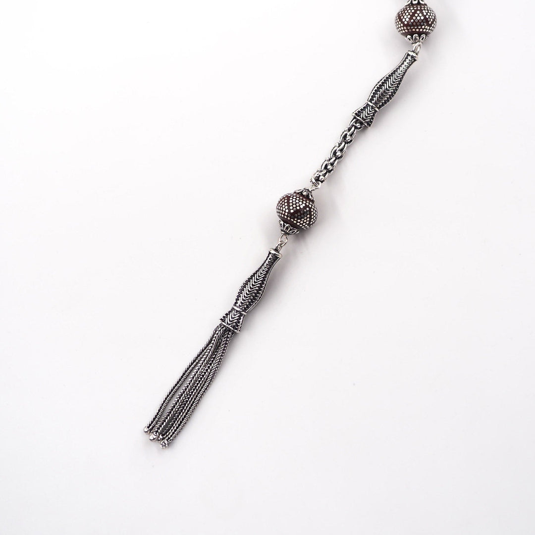 Master Crafted Silver Inlaid Wheel Cut Kuka Wood Tasbeeh (with Silver Tassel &amp; Special Box) - WATD486