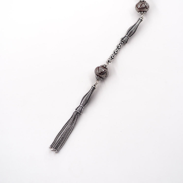 Master Crafted Silver Inlaid Wheel Cut Kuka Wood Tasbeeh (with Silver Tassel &amp; Special Box) - WATD486