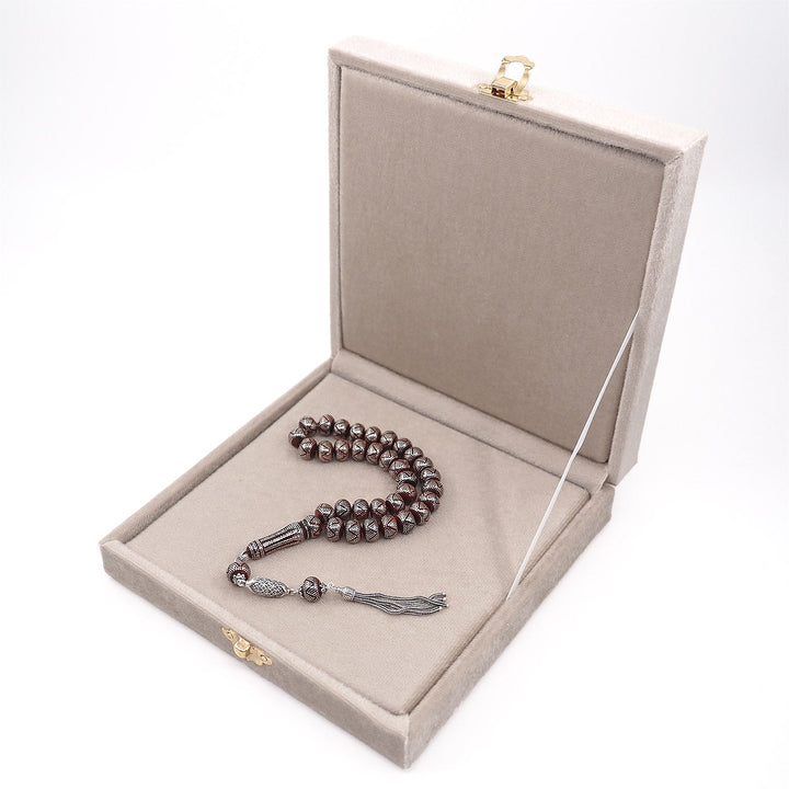 Master Crafted Silver Inlaid Wheel Cut Kuka Wood Tasbeeh (with Silver Tassel &amp; Special Box) - WATD488