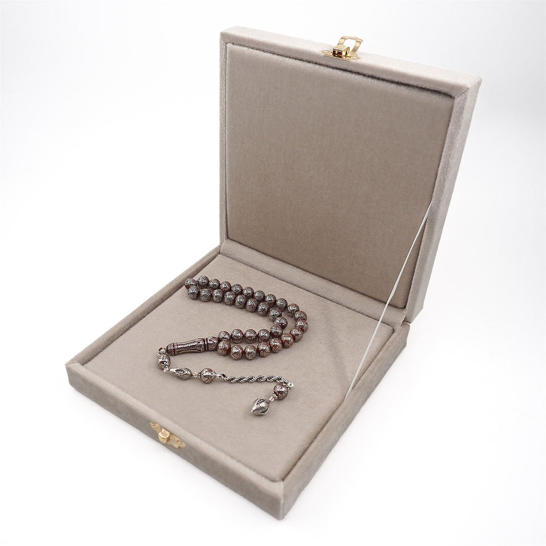 Master Crafted Silver Inlaid Round Cut Kuka Wood Tasbeeh (with Silver Tassel &amp; Special Box) - WATD490