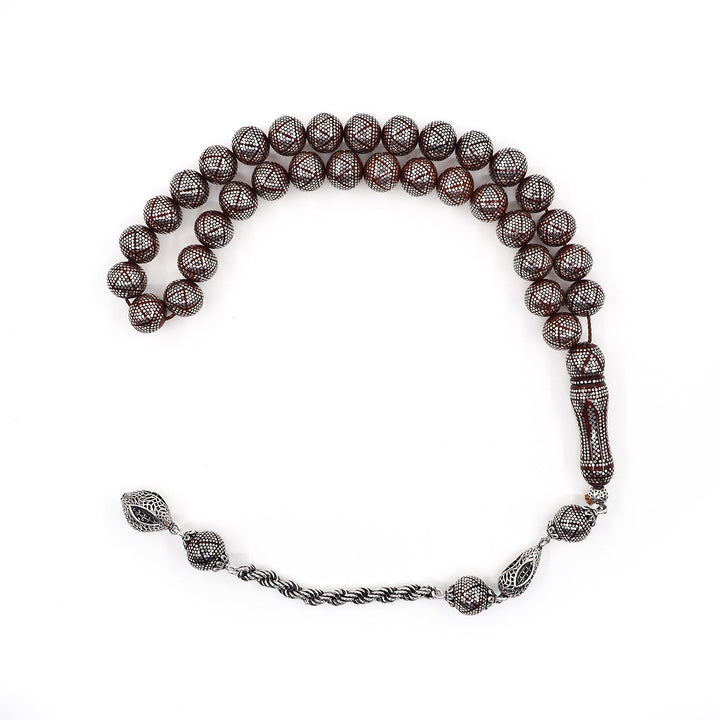 Master Crafted Silver Inlaid Round Cut Kuka Wood Tasbeeh (with Silver Tassel &amp; Special Box) - WATD490
