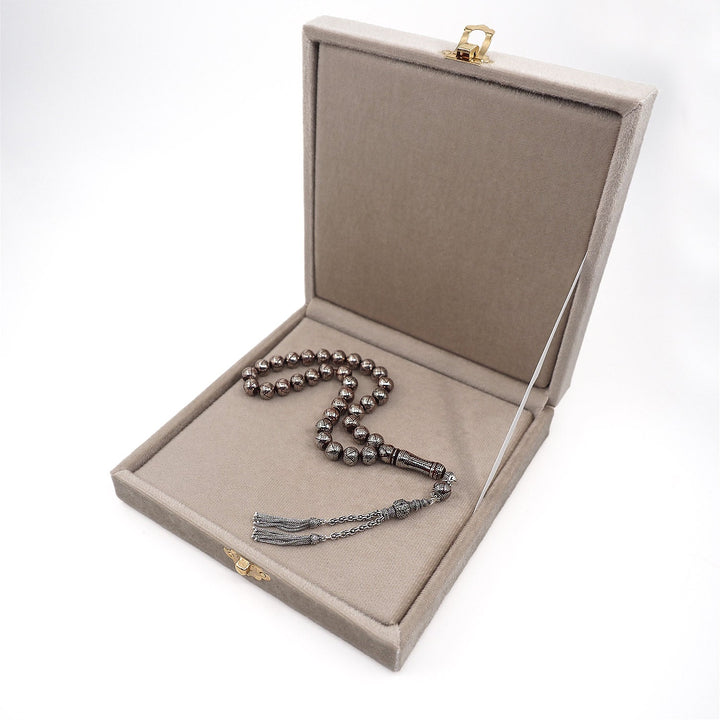 Master Crafted Silver Inlaid Round Cut Kuka Wood Tasbeeh (with Silver Tassel &amp; Special Box) - WATD492