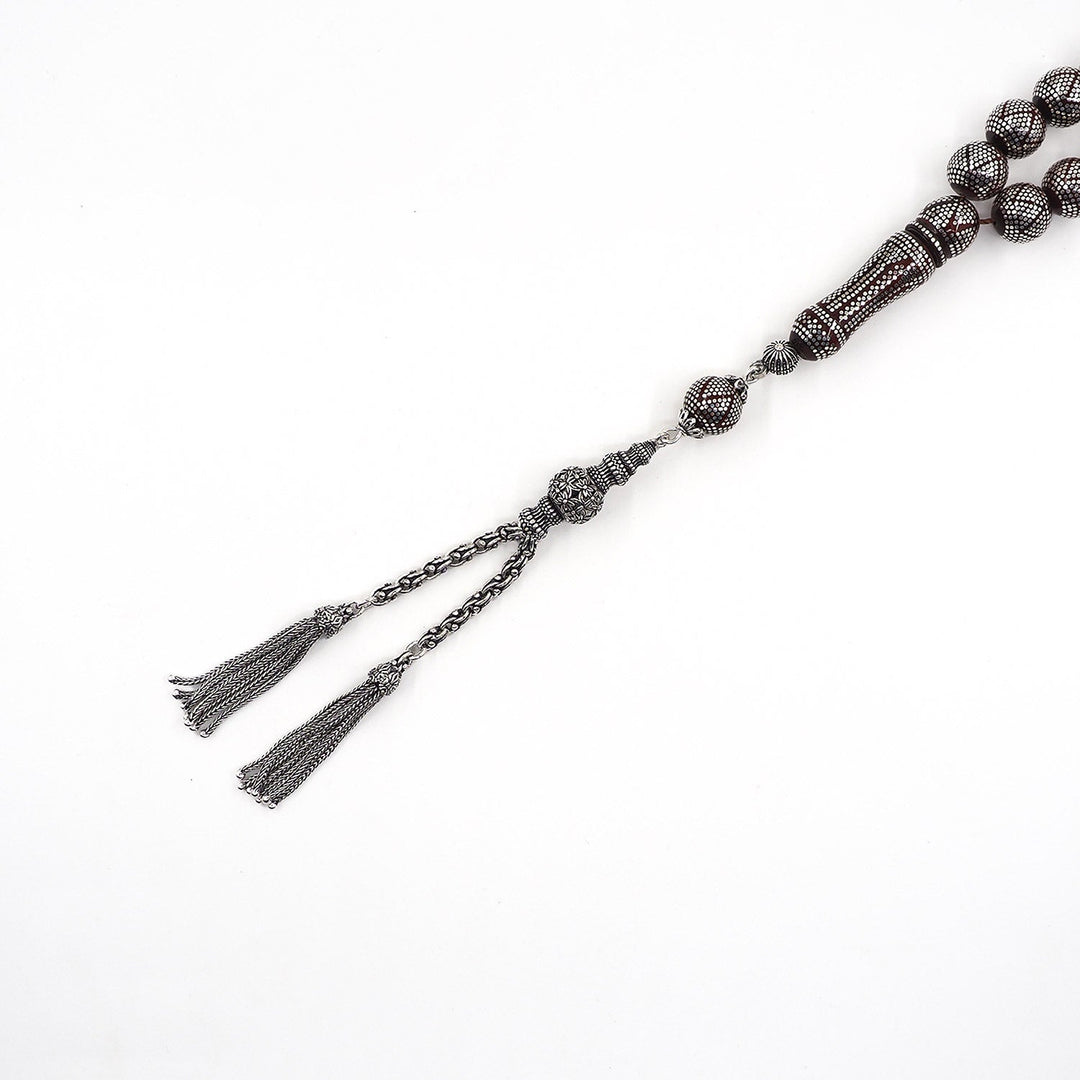 Master Crafted Silver Inlaid Round Cut Kuka Wood Tasbeeh (with Silver Tassel &amp; Special Box) - WATD492