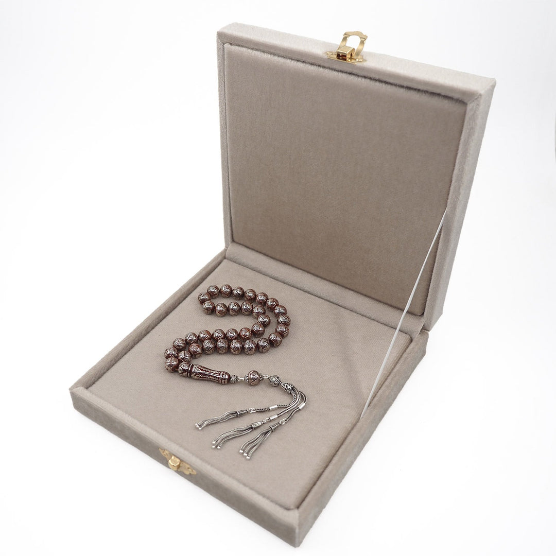 Master Crafted Silver Inlaid Round Cut Kuka Wood Tasbeeh (with Silver Tassel &amp; Special Box) - WATD493