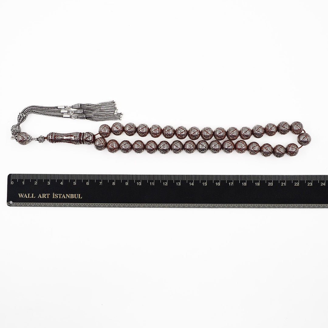 Master Crafted Silver Inlaid Round Cut Kuka Wood Tasbeeh (with Silver Tassel &amp; Special Box) - WATD493