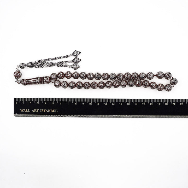 Master Crafted Silver Inlaid Round Cut Kuka Wood Tasbeeh (with Silver Tassel &amp; Special Box) - WATD494