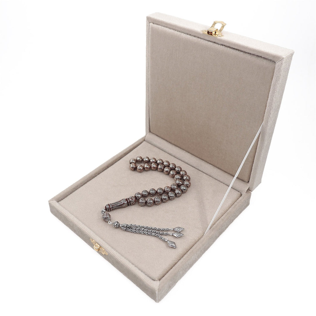 Master Crafted Silver Inlaid Round Cut Kuka Wood Tasbeeh (with Silver Tassel &amp; Special Box) - WATD494