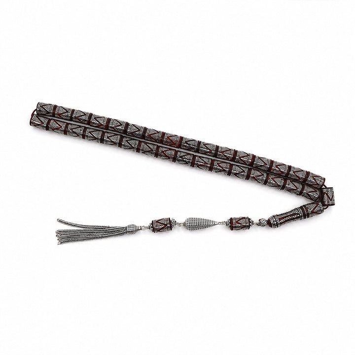 Master Crafted Silver Inlaid Faceted Cut Kuka Wood Tasbeeh (with Silver Tassel &amp; Special Box) - WATD495