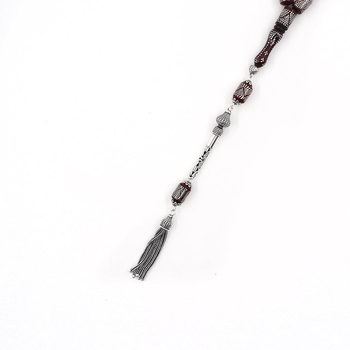 Silver Inlaid Capsule Cut Kuka Wood Tasbeeh (with Silver Tassel &amp; Special Box) - WATD500