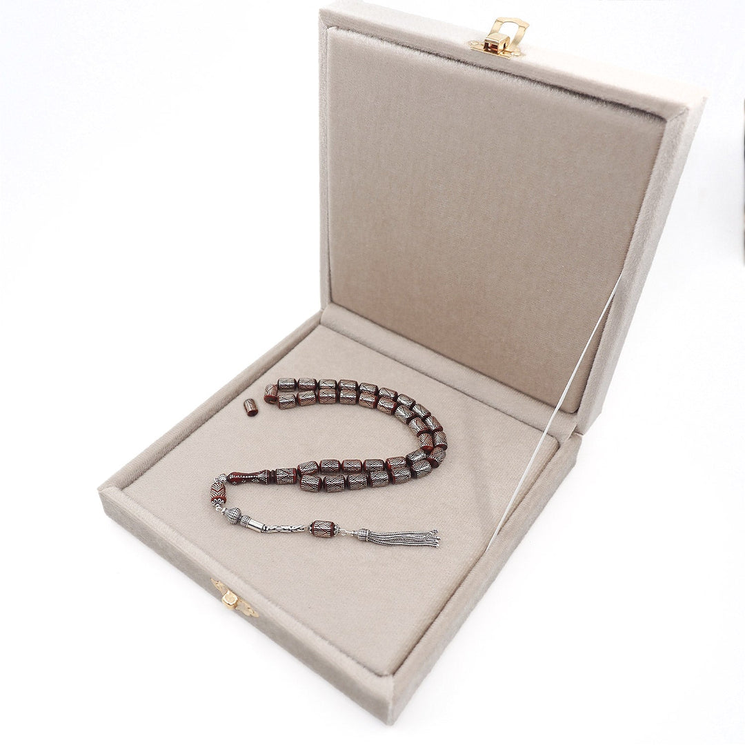 Silver Inlaid Capsule Cut Kuka Wood Tasbeeh (with Silver Tassel &amp; Special Box) - WATD500