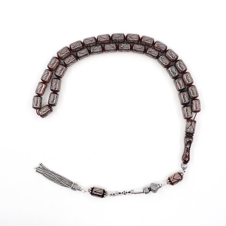 Silver Inlaid Capsule Cut Kuka Wood Tasbeeh (with Silver Tassel &amp; Special Box) - WATD500