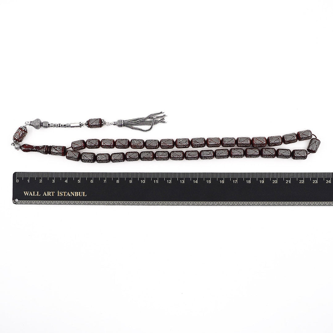 Silver Inlaid Capsule Cut Kuka Wood Tasbeeh (with Silver Tassel &amp; Special Box) - WATD500