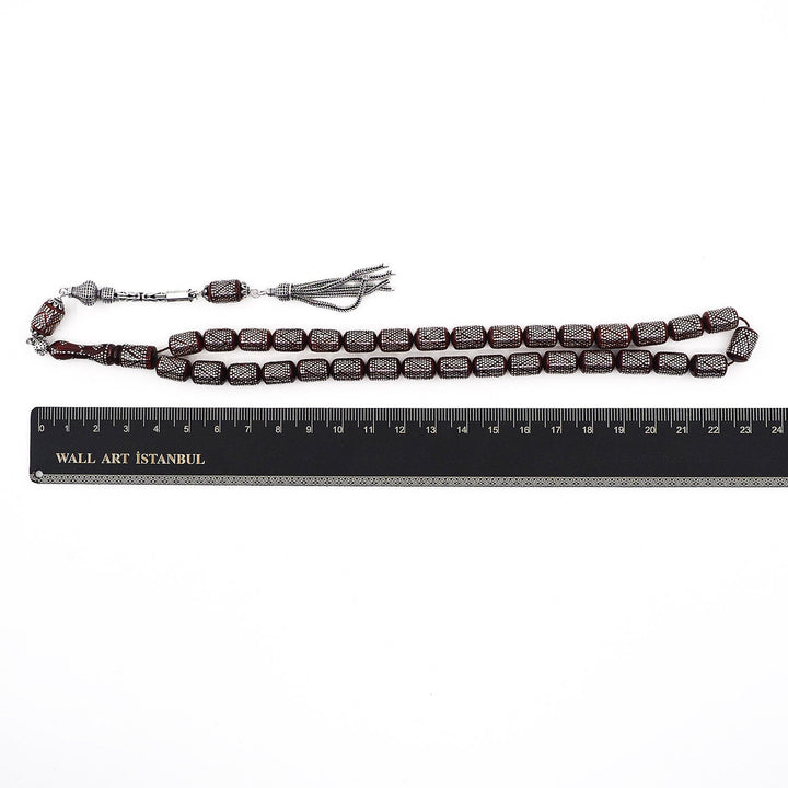 Silver Inlaid Capsule Cut Kuka Wood Tasbeeh (with Silver Tassel &amp; Special Box) - WATD500