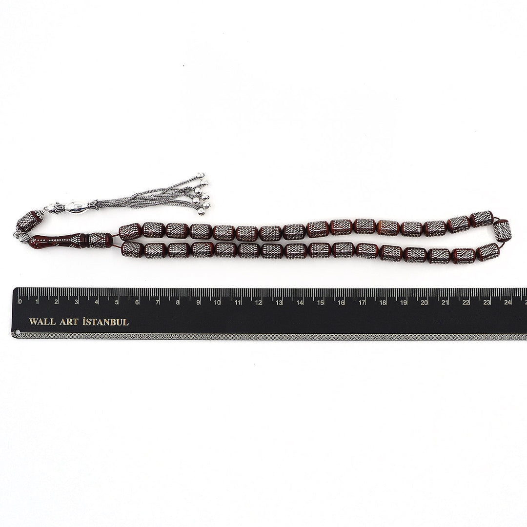 Silver Inlaid Capsule Cut Kuka Wood Tasbeeh (with Silver Tassel &amp; Special Box) - WATD501
