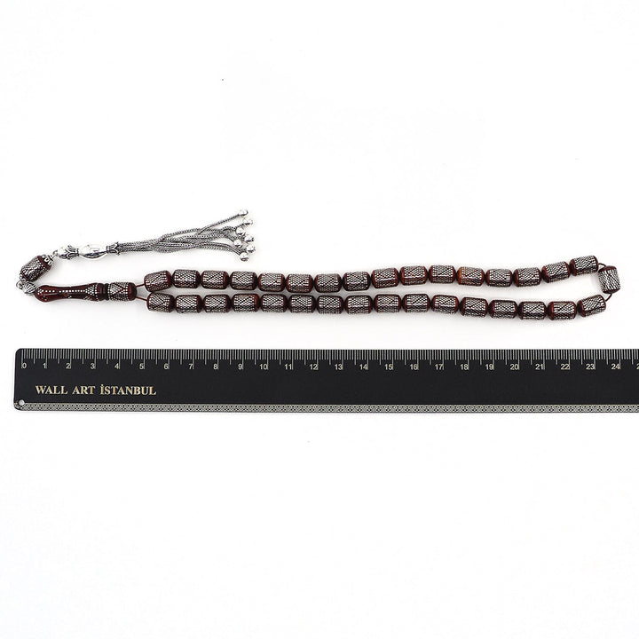 Silver Inlaid Capsule Cut Kuka Wood Tasbeeh (with Silver Tassel &amp; Special Box) - WATD501